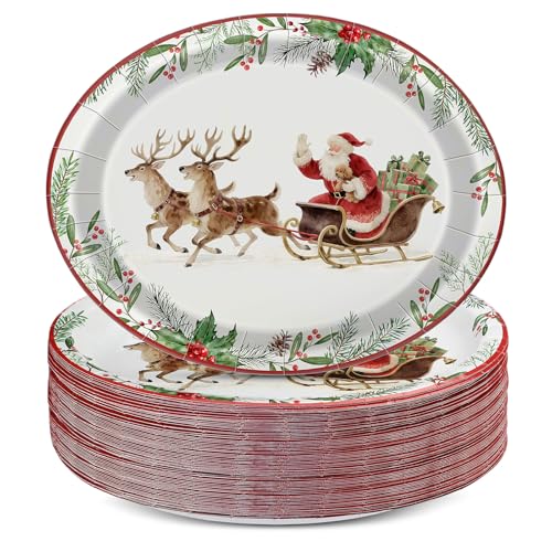 Santa on the Way 100 Pcs 9x11in Christmas Paper Plates Oval – 100 Count Bowl-Style Dinnerware
