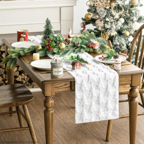 Artoid Mode 13x60 Inch Christmas Table Runner - Soft Plush Faux Fur Jacquard, White