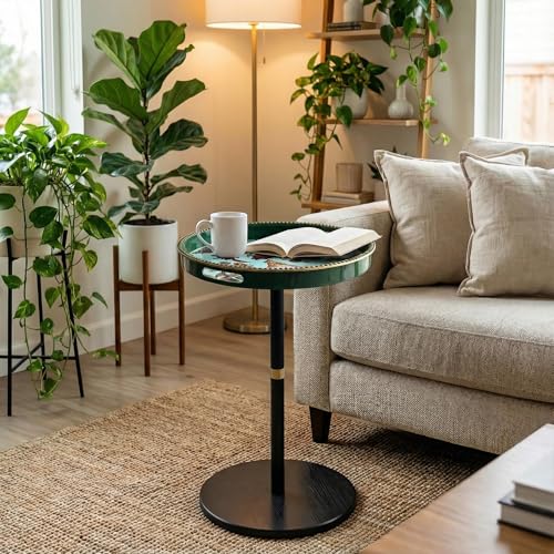Gesodant Boho Single Leg Round Side Table with Tray Top - Green Leopard
