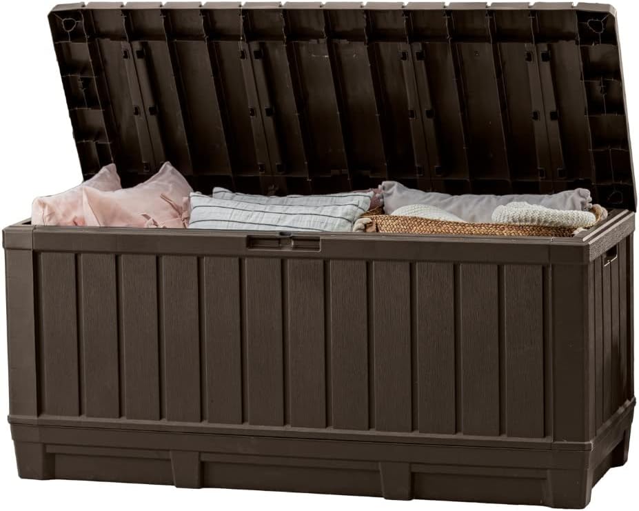 Keter Kentwood 92 Gallon Resin Deck Box - Outdoor Storage for Furniture, Cushions & Tools | Brown