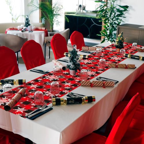 6 Pcs Christmas Winter Snowflake Table Runners, Buffalo Plaid