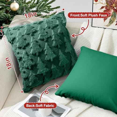 Christmas Pillow Covers 18x18 inch, Set of 2 Christmas Tree Decoration Soft Plush Faux Fur Throw Pillows Covers for Winter Holiday Festivals Bedroom Sofa Home Decor (Green)