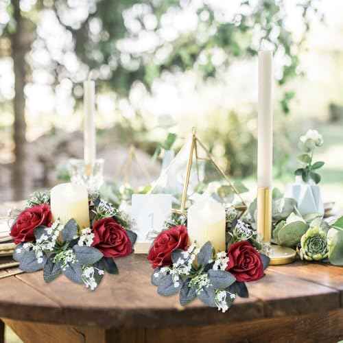 2 Pack Christmas Candle Rings Wreaths,Artificial Rose Floral Wreaths with Eucalyptus Leaves Greenery Small Wreath for Pillar Cabinet Wedding Centerpiece Party Home Table Decor (Red)