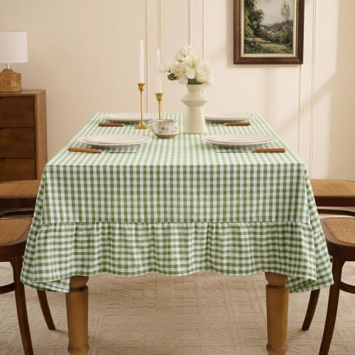 Romanstile Gingham Ruffled Tablecloth Rectangle, 60 x 120 Inch, Sage