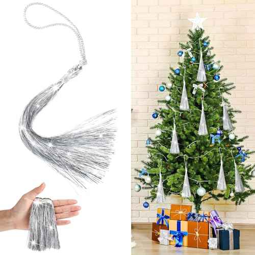 12 Pcs Christmas Tree Tinsel Tassel Ornament Metallic Icicles Tinsel Christmas Decorations Foil Fringe for Xmas Holiday Birthday Anniversary Engagement Party Supplies(Silver)
