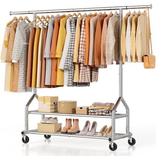 Silver Heavy Duty Clothes Rack with 2 Shelves, Adjustable Height & Wheels, 556 lbs Capacity