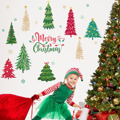 Mfault Merry Christmas Tree Wall Decals Stickers, Xmas Snowflake Decorations Bedroom Art, New Year 2026 Home Kitchen Living Room Decor Winter Holiday Gift