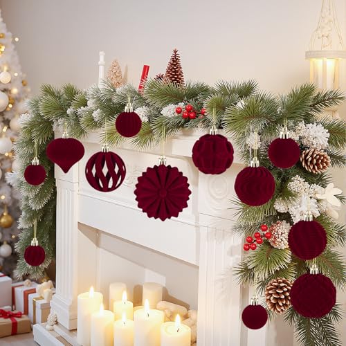 Burgundy Velvet Christmas Ornaments Set 48pcs - 8/6/4 cm Ball Christmas Tree Decorations