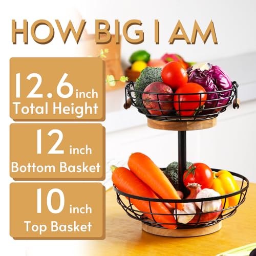 2-Tier Metal Fruit Basket with Wooden Base and Banana Hanger - Kitchen Counter Organizer