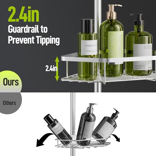 Corner Shower Caddy Tension Pole - 4-Tier Stainless Steel Bathroom Organizer