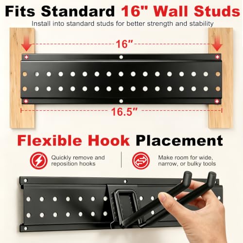 Garage Tool Organizer Wall Mount 66 Inches with 13 Heavy-Duty Hooks - Garden & Shed Storage Rack, Holds Up to 520 lbs - 4 Panels