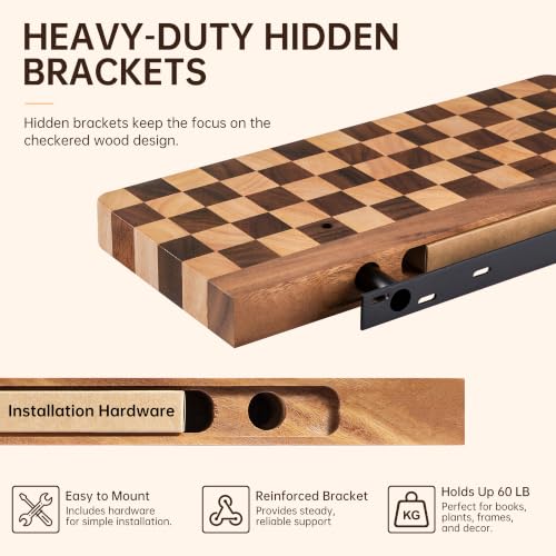 Fyctio 16 Inch Solid Wood Checkered Floating Wall Shelves Set of 2 – Rustic Modern Farmhouse Decor