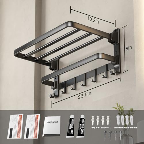 VOLDRA Matte Black 24-Inch Wall-Mounted Towel Rack with Foldable Towel Bar and 7 Hooks