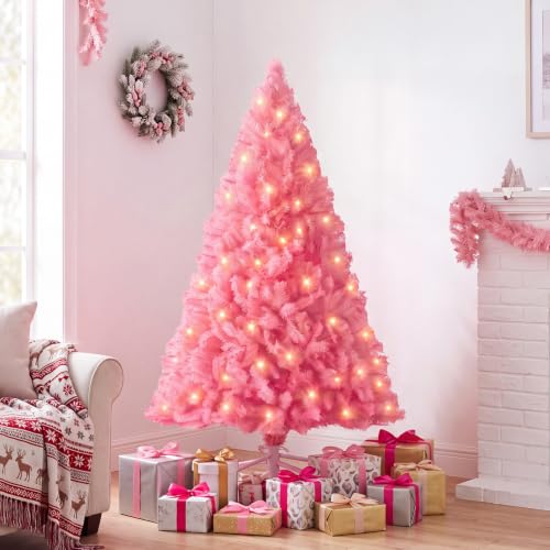 Pink Artificial Christmas Tree 4.5ft Prelit with Warm Lights - KMFurnila