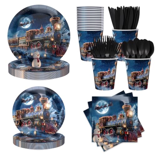 AIBIIN Navy Blue Train Christmas Paper Plates & Napkins Set for 24 Guests