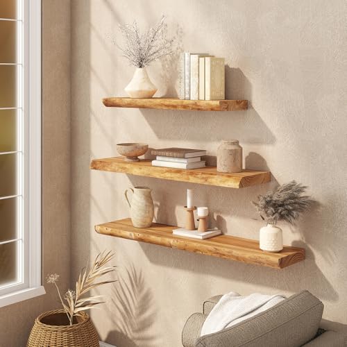 Realgulf 24-Inch Natural Elm Floating Shelves Set of 2 - Live Edge Rustic Wall Storage