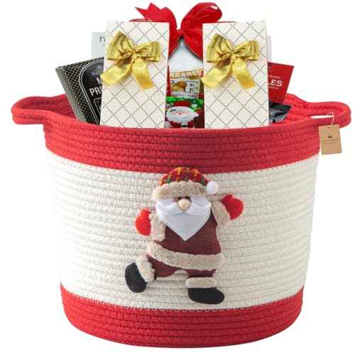 Christmas Basket with Santa Claus Doll, Woven Cotton Rope Christmas Storage Basket with Handles, Christmas Toy Baskets for Baby Towels, Diapers, Pet Toy Storage Basket, Red