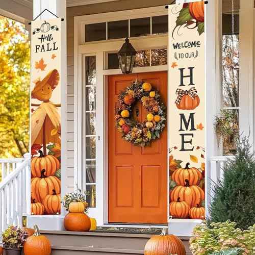 Thanksgiving Decorations Thanksgiving Banner,Fall Pumpkin Maple Leaves Give Thanks Front Door Decor,Autumn Porch Sign Board Hanging Friendsgiving Harvest Farmhouse Outdoor Supplies for Home Office -12 x 71inches