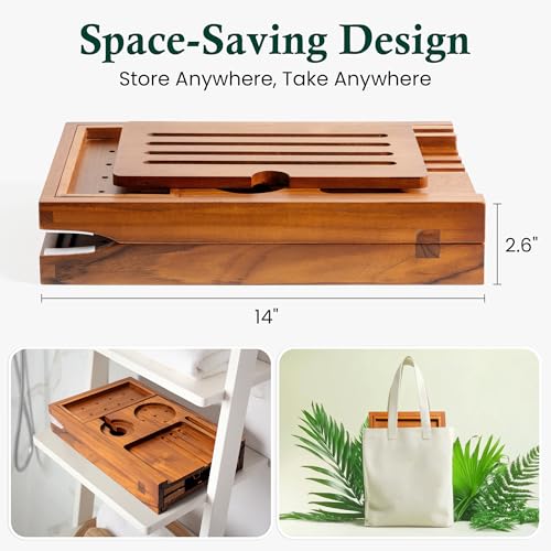 Adjustable Teak Bathtub Caddy Tray with Removable Side Trays - Classic Teak Finish