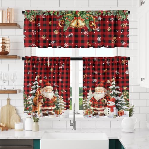 Christmas Kitchen Curtain Tiers and Valance Set Buffalo Plaid Santa