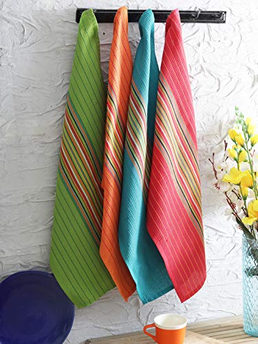 Set of 12 Salsa Stripe Kitchen Dish Towels - 100% Cotton Large Absorbent Waffle Tea Towels for Cooking & Drying