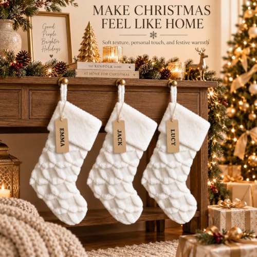 AISENO 3-Pack 20 Inch White Faux Fur Christmas Stockings with Cable Knit - Knitted Holiday Decor