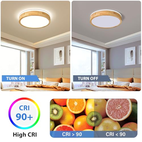 Dimmable Wood Flush Mount Ceiling Light 15.74in - 5CCT Adjustable Modern LED Fixture