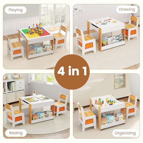 Kids Table and Chair Set with Building Block Tabletop - Natural