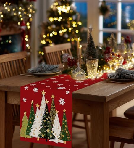 Christmas Table Runner Snowflakes & Tree Red 13"x72" Xmas Home Decor
