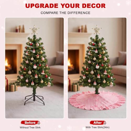 Pink Gingham Christmas Tree Skirt 24 Inch with Ruffle - Farmhouse Holiday Decor