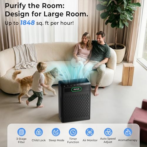 Airtok HEPA Air Purifier for Large Rooms Up to 1848 sq.ft - Black