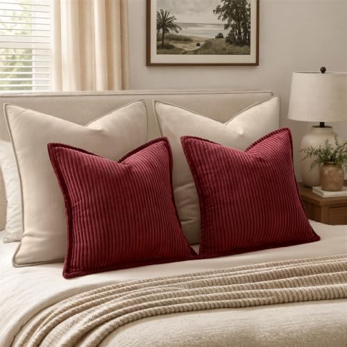 MIULEE Burgundy 18x18 Corduroy Throw Pillow Covers Set of 2