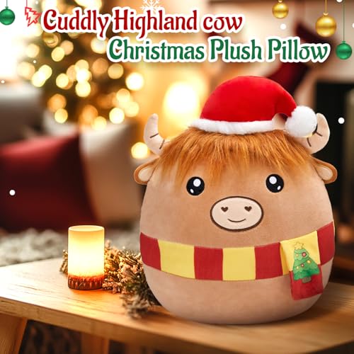 WEWILL 12'' Christmas Highland Cow Soft Plush Pillow Xmas Highland Cow Stuffed Animal Gifts for Toddler Kids Boys Girils