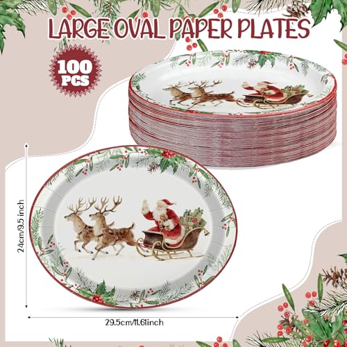 Santa on the Way 100 Pcs 9x11in Christmas Paper Plates Oval – 100 Count Bowl-Style Dinnerware