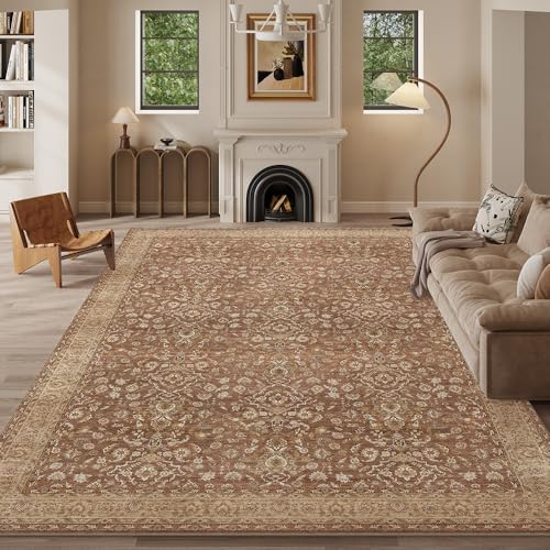 8x10 Reddish Brown Washable Area Rug for Living Room - Vintage Print, Pet-Friendly, Non-Slip