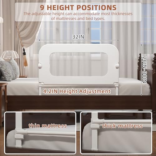 Toddler Bed Rail Guard - Adjustable & Foldable, Reinforced Anchor, 32 Inch White
