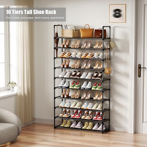 SRRSO Black 10-Tier Metal Shoe Rack Organizer for 40-45 Pairs, Tall Closet & Entryway Storage