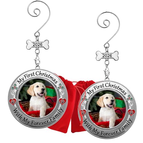 My First Christmas Dog Photo Ornament 2 Pack - Personalized Puppy Keepsake with Photo Insert, Red Heart & Paw Print, 3 Inch