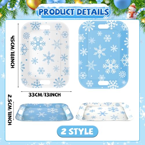 2Pcs Blue White Snowflake Melamine Serving Trays 16x11in - Winter Rectangular Platters with Handles
