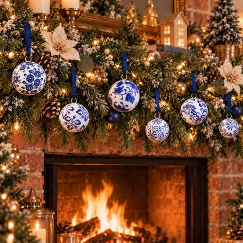 Blue & White Chinoiserie Ceramic Christmas Ornament Balls Set 12 Pcs 2.36in
