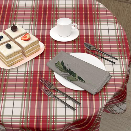Ancordivo Xmas Plaid Round Tablecloth 60 Inch Red Green Holiday Checkered Dining Cover