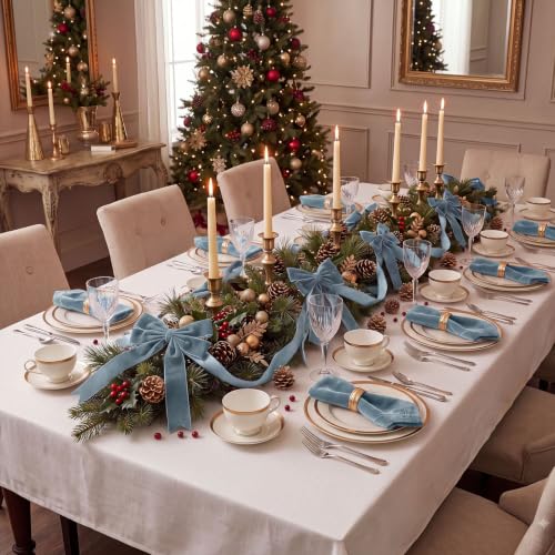 Dusty Blue Velvet Christmas Bow Garland 10 ft for Mantle Decor, Holiday Home Decoration