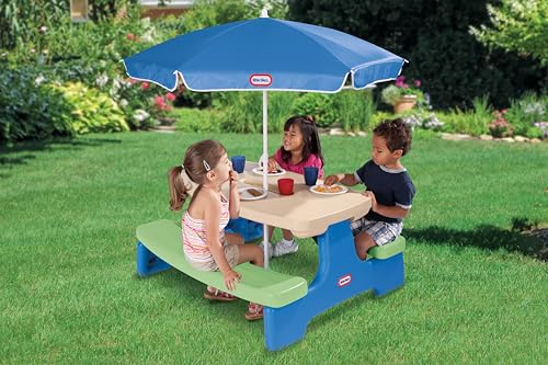 Kids Picnic Table with Umbrella - Blue/Green, 42 Inch, Foldable Outdoor Playset
