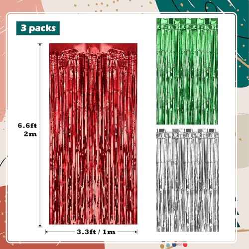 Kesote 3 Pack Green Red Silver Tinsel Foil Fringe Curtain Streamers for Christmas Holiday Party Decorations Photo Booth Props, 3.3Ft x 6.6Ft