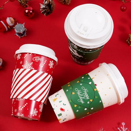 50 Pack Christmas Coffee Cups with Lids & Sleeves, 16 oz - Five Designs, 10 Each - Bapmnicc