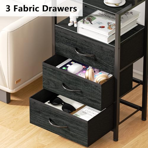 Furnulem 3-Drawer Tall Nightstand with Charging Station - Black Oak