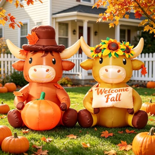 Fall Highland Cow Inflatable Decoration - 6 FT Outdoor Halloween & Autumn Yard Decor with Pumpkin & Welcome Sign - DomKom