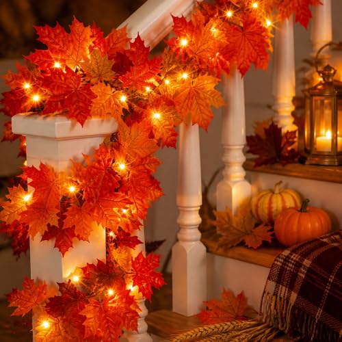 3-Pack Plug-In Fall Garland Lights with 50 Orange Incandescent Bulbs - 9FT Connectable Holiday Decor