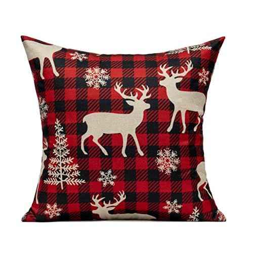 VAKADO Christmas Throw Pillow Covers Decorations Outdoor 18x18 Set of 4 Farmhouse Buffalo Check Xmas Red Deer Cushion Cases Winter Living Room Snow Holiday Home Decor for Couch Porch Indoor Navidad