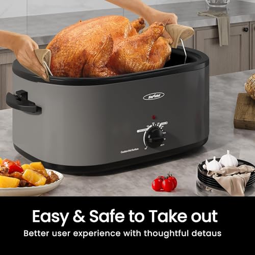 28 Quart Electric Roaster Oven with Self-Basting Lid - Large Capacity Turkey Roaster, Fast Heating, Warming Setting, Grey Variation